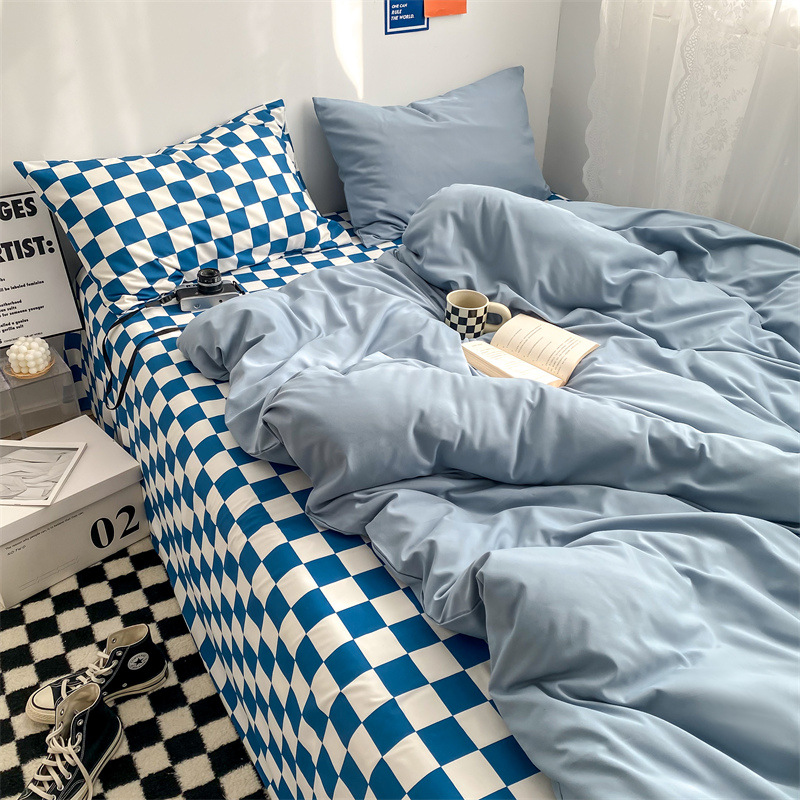 INS Checkerboard Plaid Bed Sheet Four-Piece Set Wholesale Washed Cotton Duvet Cover Dormitory Bed Three-Piece Set Nantong Brushed Bedding