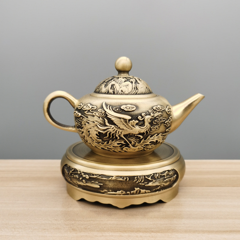 【工厂批发】纯黄铜拉丝茶壶龙凤壶山水壶茶道铜器工艺品创意摆件