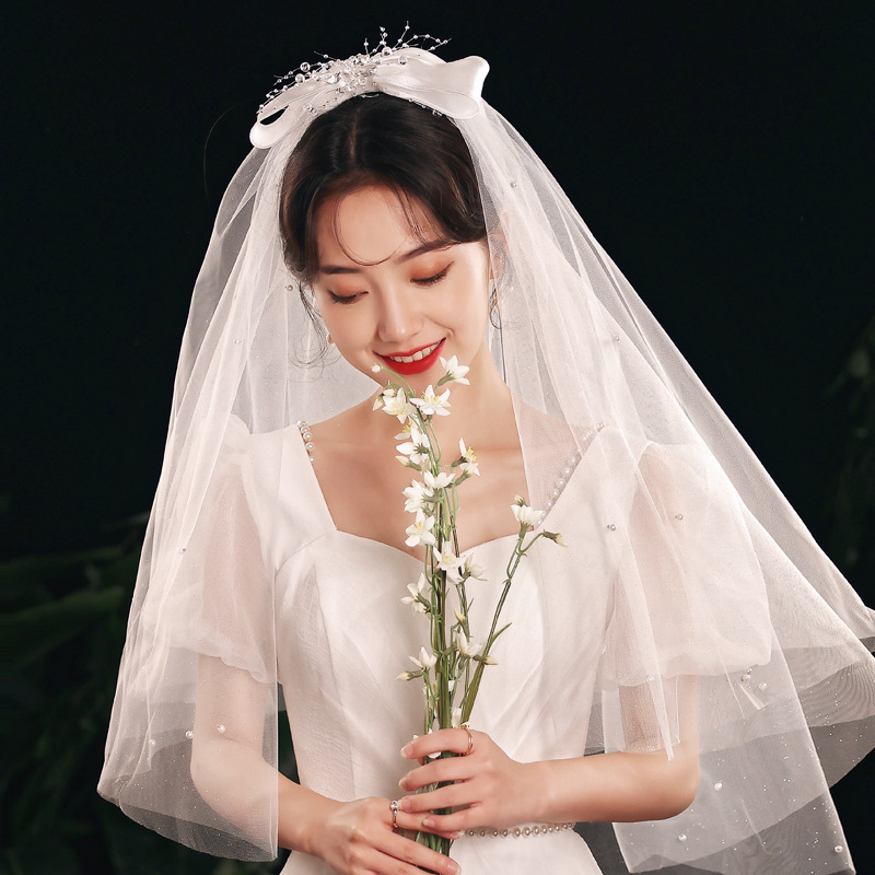 新娘蓬蓬双层喷金头纱婚纱拍照结婚简约短款旅拍网纱头饰森系钉珠