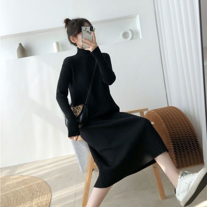 Knitted Dress Bottoming Women's Inner Wear Autumn and Winter New High Neck Mid-Length Dinified Sweater Long Dress over the Knee