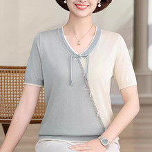 妈妈夏季中国风新款针织V领T恤薄款短袖小衫中老年女宽松拼色套装