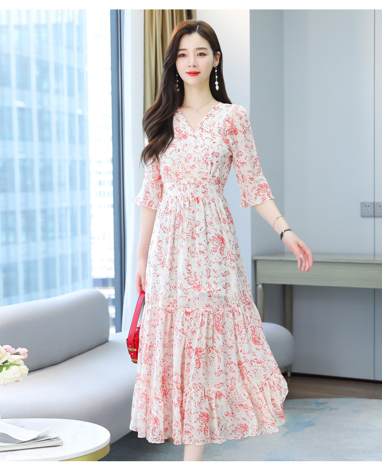实拍夏装新款雪纺收腰仙女长裙气质复古碎花大摆超长连衣裙女