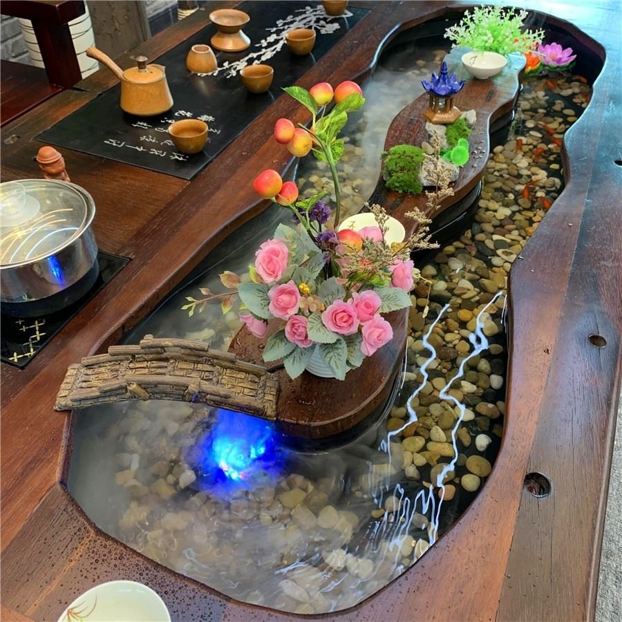 流水茶桌景观一体老船木流水办公室茶楼实木功夫茶桌茶几禅意景观