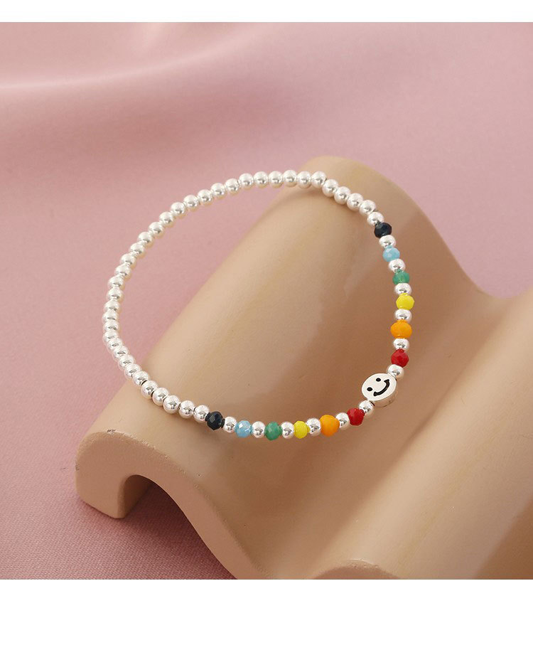 仪特纯银彩虹笑脸手链女生简约可爱系学生闺蜜弹力绳转运银珠手串