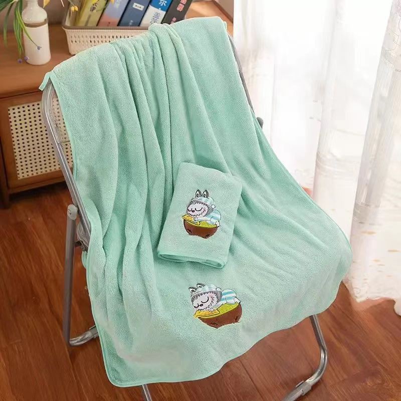 刺绣拉布布毛巾浴巾两件套珊瑚绒儿童成人面巾柔软吸水洗澡沙滩巾