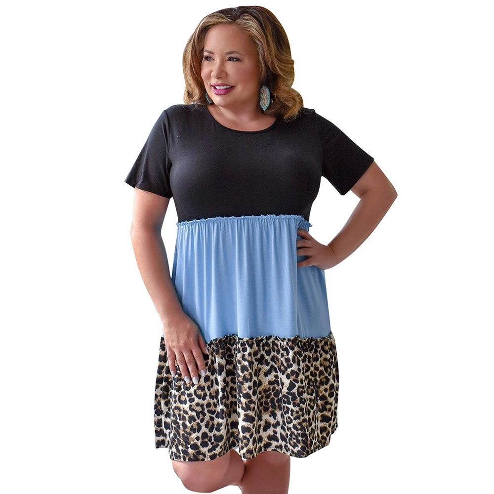 欧美肥婆加大码连衣裙女 亚马逊外贸宽松豹纹拼接一步裙pl61037