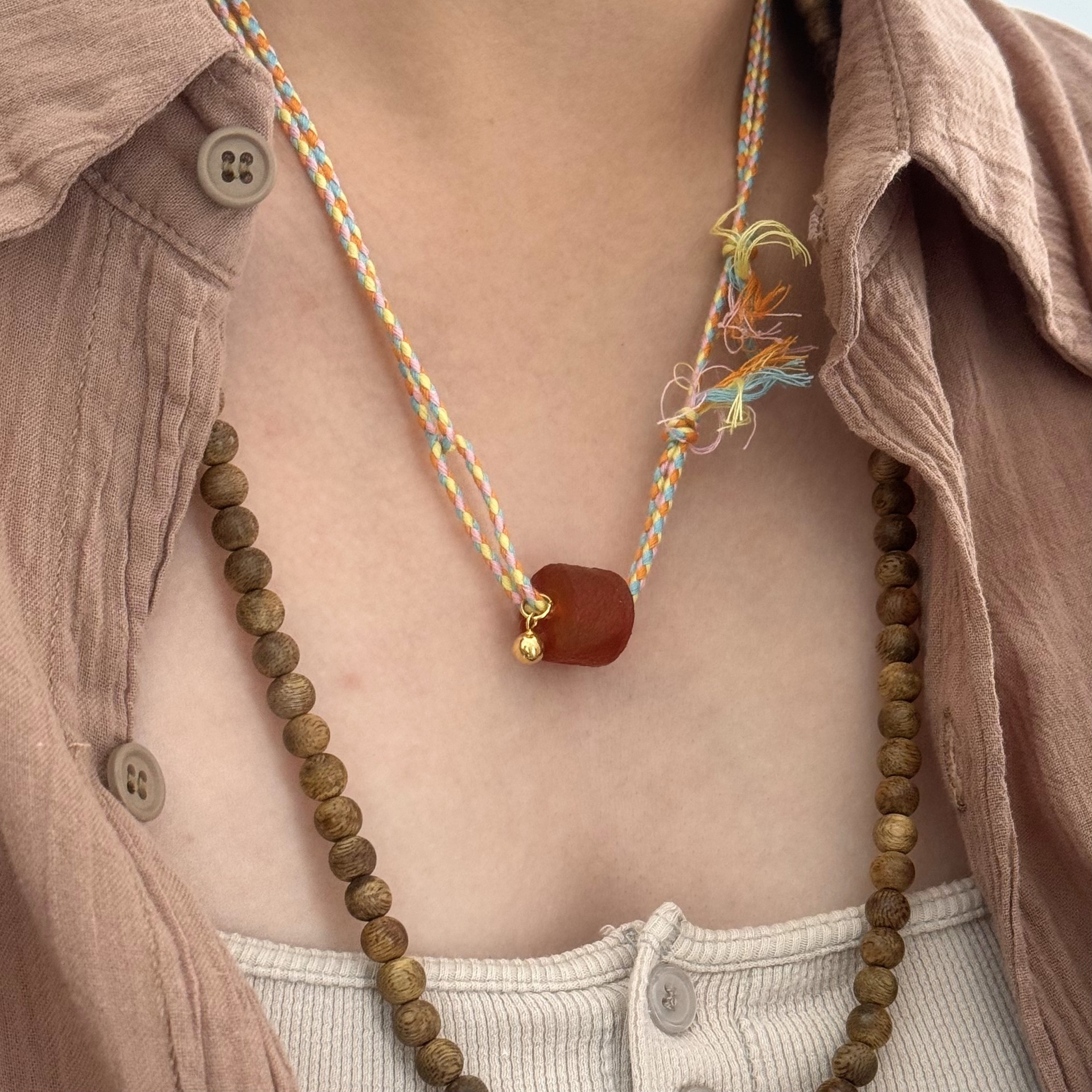 维银s925银老玛瑙桶珠彩绳吊坠铃铛长款项链可调节手绳女文艺个性