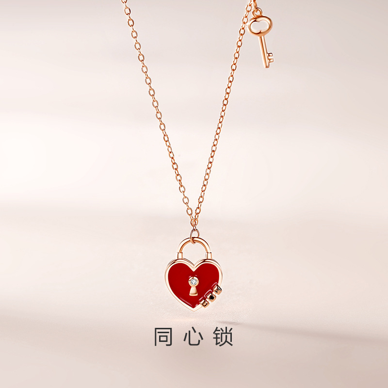 国风同心锁项链女纯银国潮小众心形锁钥匙吊坠时尚潮流穿搭毛衣链