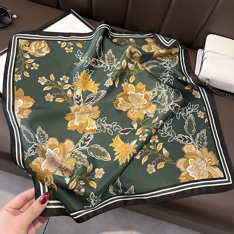 Spring and Autumn New Silk Scarf Plant Flower Small Square Towel Thin Mulberry Silk All-Match Office Lady Style Neck Protection Small Scarf