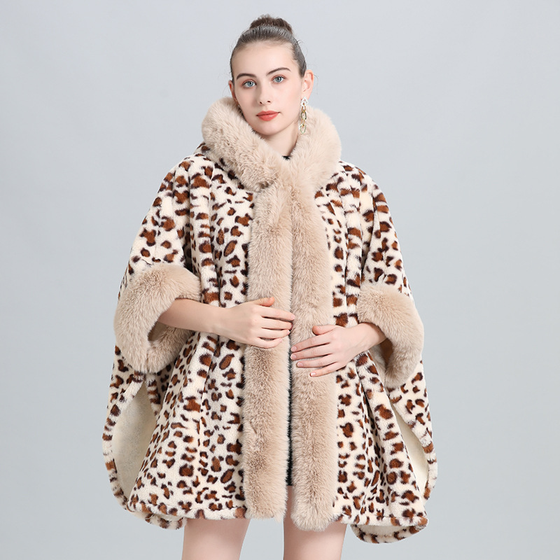 Live Broadcast Supply Cape and Shawl Fleece-Lined Thick Fur Collar Tassel Knitted Shawl Oversized Woolen Coat 0961#