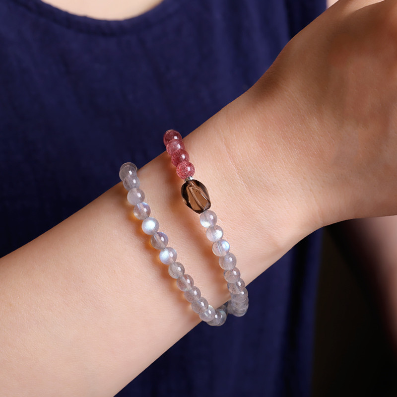 灰月光石手链搭配草莓晶茶水晶随型男女生款时尚清新多圈双圈手串