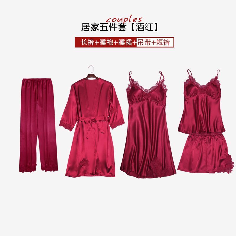 Women's Autumn Winter Summer Sexy Artificial Silk Pajamas Five-Piece Sling with Chest Pad for Hair Generation Women Homewear Night-Robe