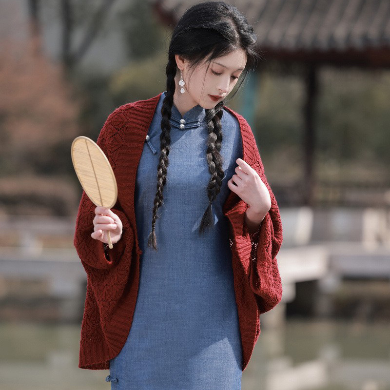 红色斗篷披肩旗袍开衫外搭春夏款女民国文艺复古针织气质日常百搭