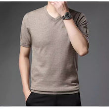 鄂尔多斯市产中青年男士纯色短袖羊毛衫V领打底针织半袖羊绒T恤衫