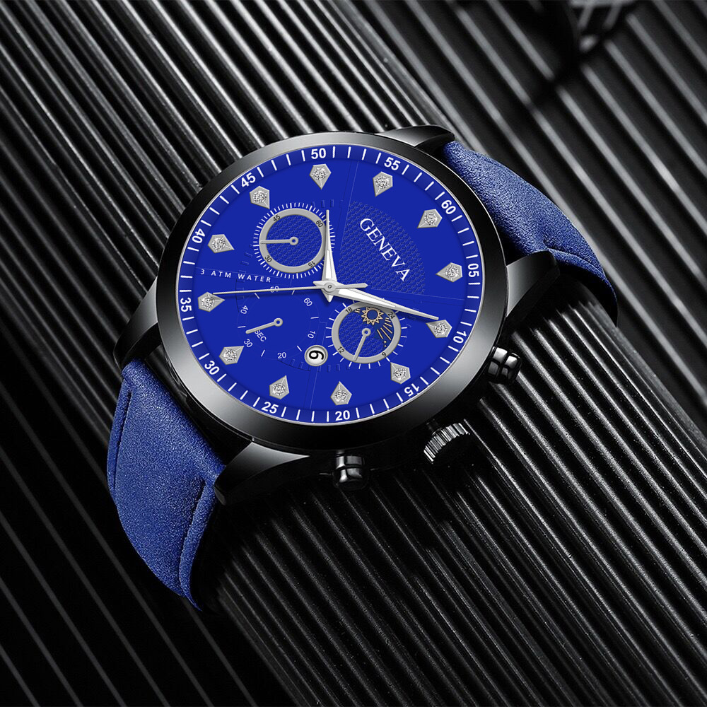 geneva新款日月星辰男士皮带手表假三眼莱茵石镶嵌日历石英表男款