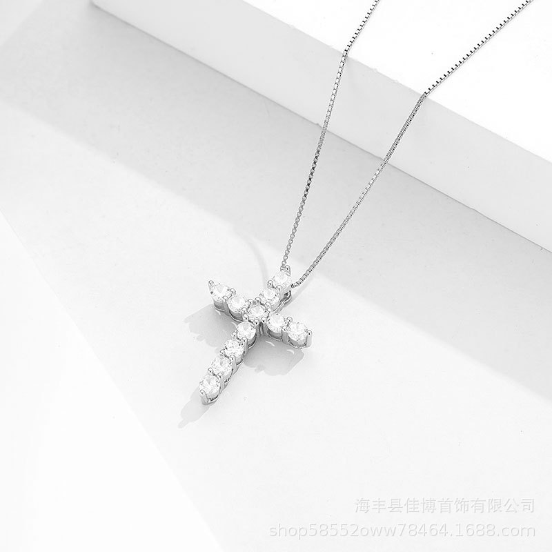 跨境新款速卖通s925纯银项链镶钻十字架吊坠跨境十字锁骨链批发