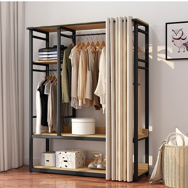 简易衣帽架落地挂衣架卧室出租房宿舍加粗钢架组合开放式带帘衣柜
