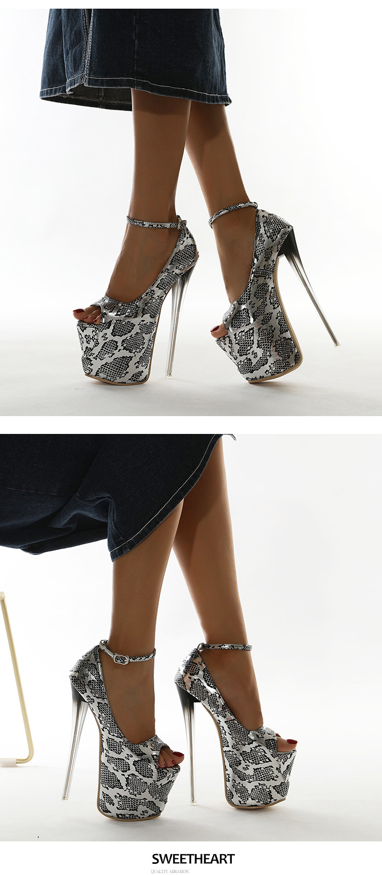 lazada欧洲站2021外贸性感时尚恨天高新款蟒蛇纹19厘米高跟鱼嘴鞋