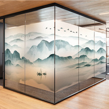新中式山水画办公室公司企业大气静电磨砂玻璃贴膜隔断装饰贴纸