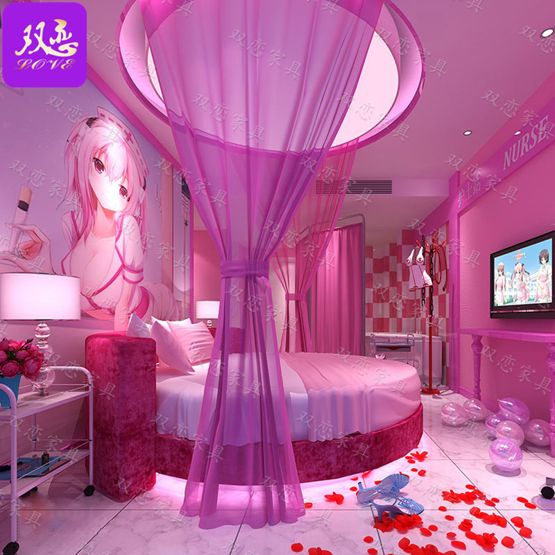 主题酒店智能电动床公寓情侣水床宾馆情趣震动床特色民宿布艺圆床