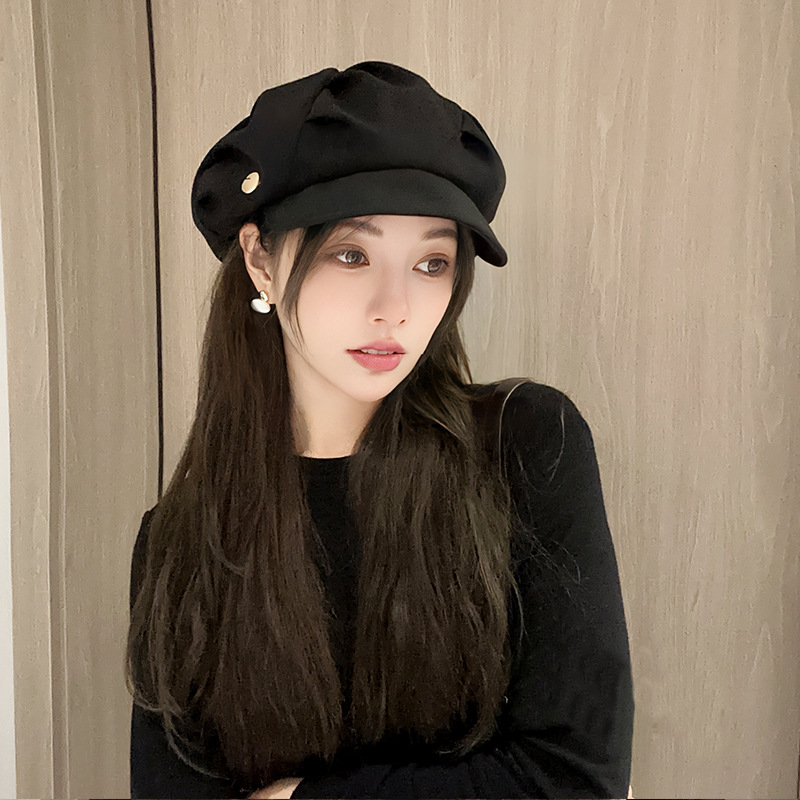 2024 Korean Style Japanese Style Octagonal Cap Face-Looking Small Big Head Hat Spring and Autumn Thin Beret Pleated Black Cloud Hat