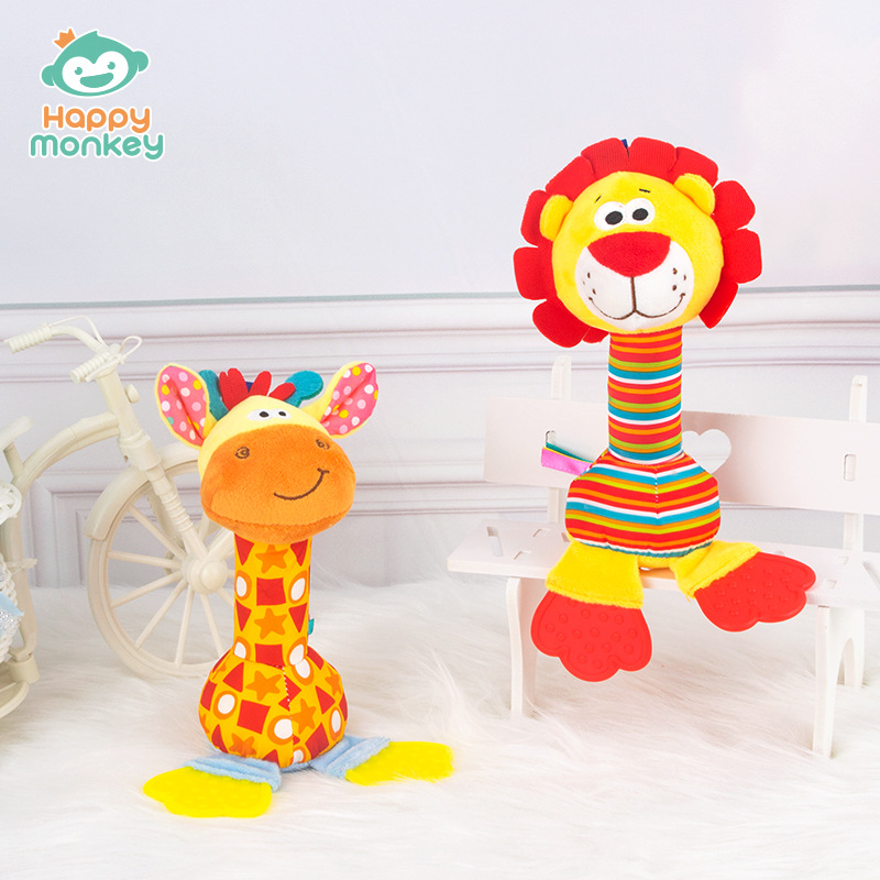 Happy Monkey Baby Handheld Cartoon Animal Rattle Teether Biteable Soothing Baby Toys Cross-Border