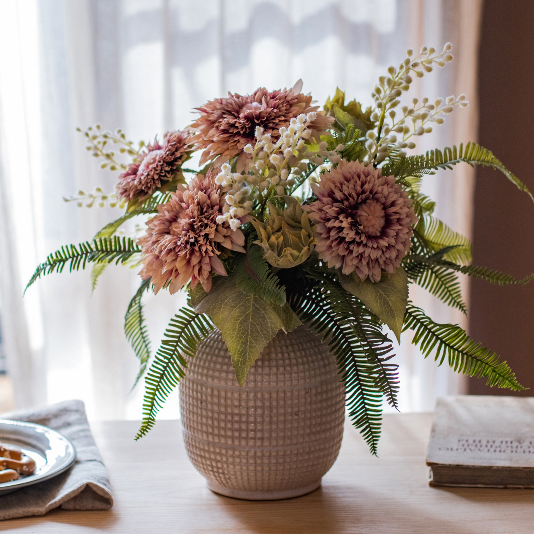 嫣芷设计师花束莫兰迪粉向日葵花艺客厅摆件餐桌茶几