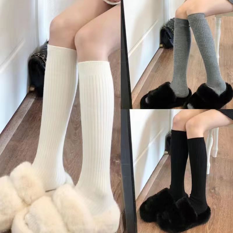 Calf Socks Autumn and Winter Thick Warm Stockings Preppy Style Slimming Stripes Bunching Socks Solid Color Socks Boots Socks