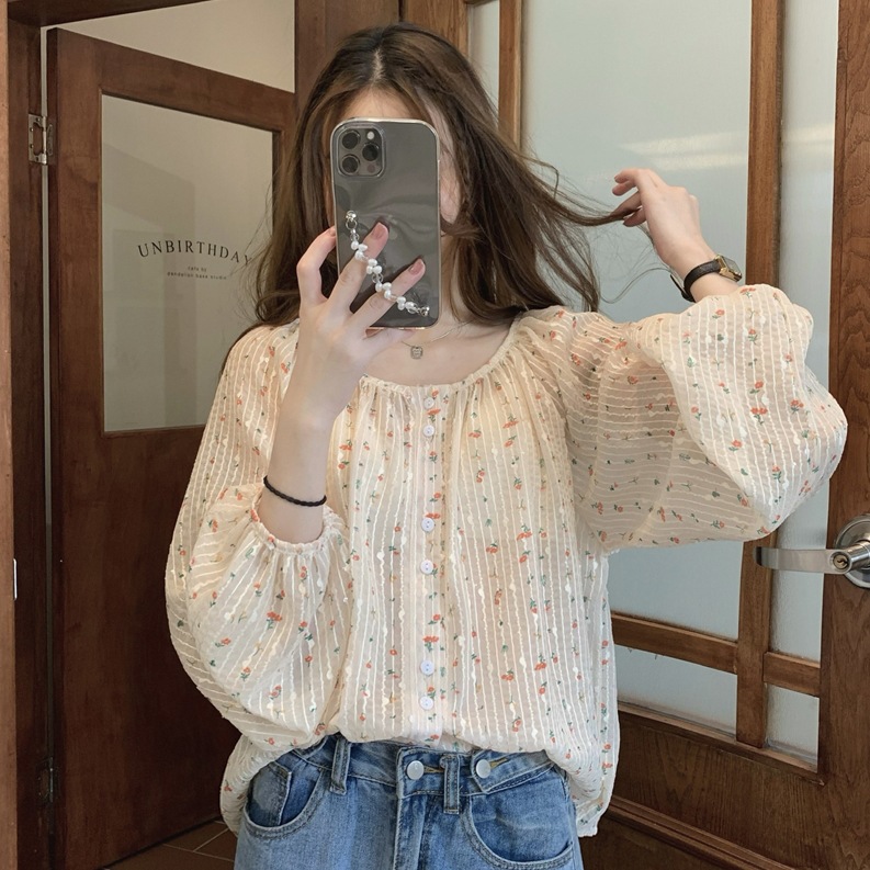 Early Spring and Autumn Simple Chiffon Floral Shirt Women's Design Sense Niche Chic Thin Hong Kong Style Long Sleeve Top Summer