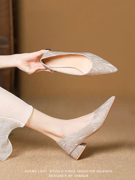 法式单鞋女粗跟低跟尖头伴娘鞋不累脚高跟鞋女气质婚鞋新娘鞋3cm