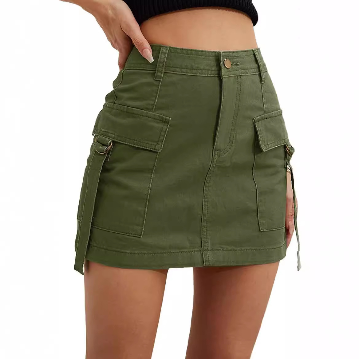 Cross-Border 2023 Amazon New Ladies Low Waist Suit Skirt Pocket Cotton Mini Comfortable Hip Lift Casual Skirt