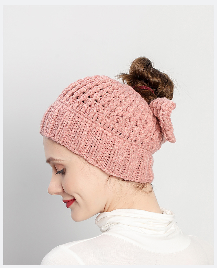 2021秋冬欧美新款手工针织蝴蝶结空顶毛线帽时尚钩织保暖马尾帽