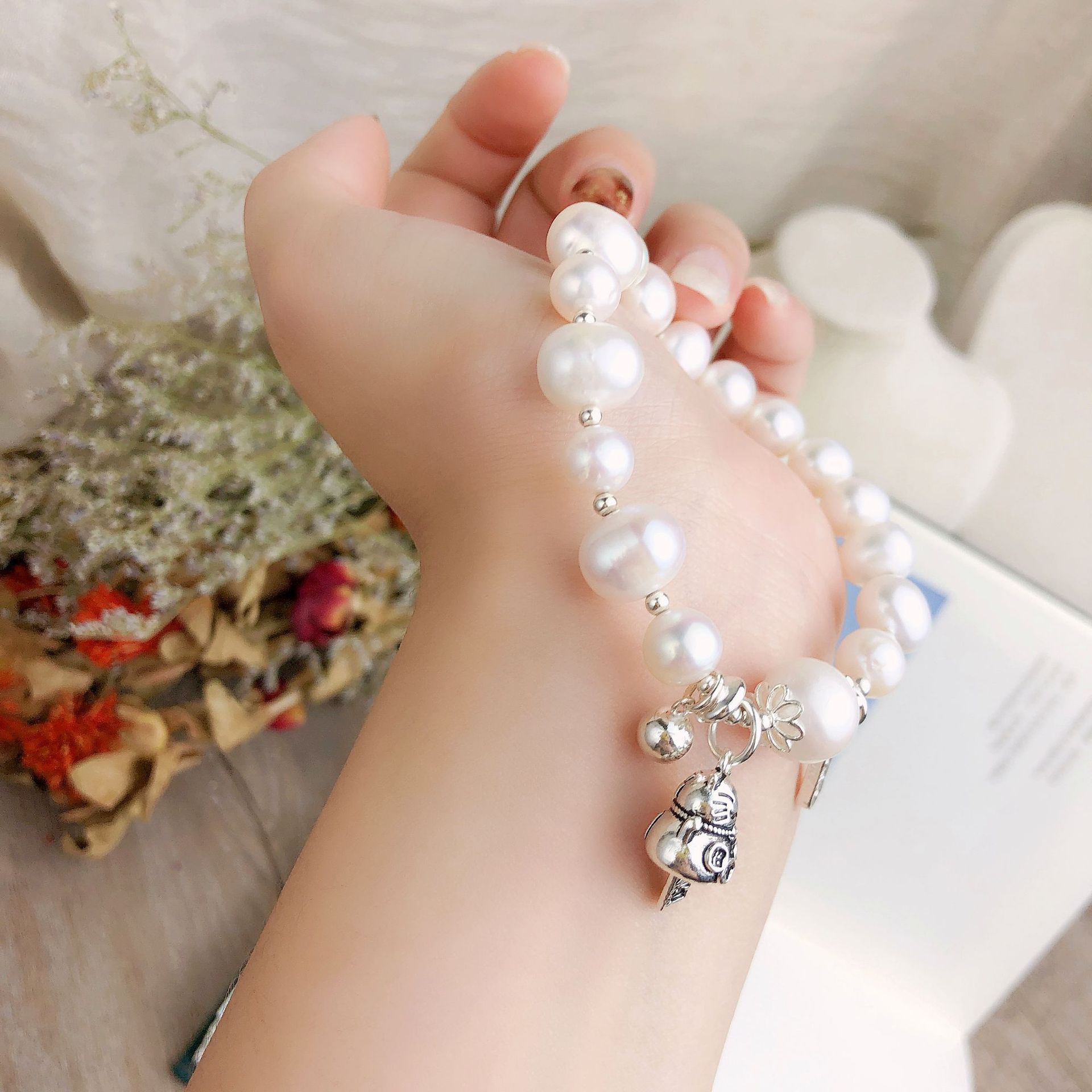 925银银珠招财猫吊坠手串女天然淡水珍珠手链个性简约diy饰品首饰