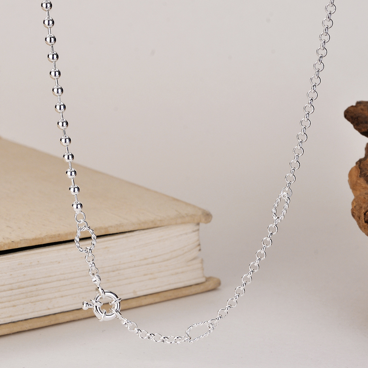 纯银圆珠项链s925银项链女高端毛衣链长款男士无吊坠银链子素链粗