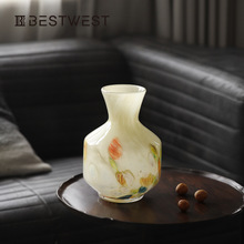 Best west 中古芬顿玉质琥珀玻璃花瓶样板房客厅家居摆件琉璃花器