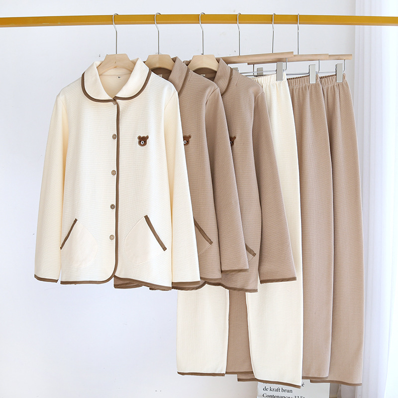 新款春夏秋季情侣睡衣针织纯棉华夫格日系纯色可爱小熊家居服套装