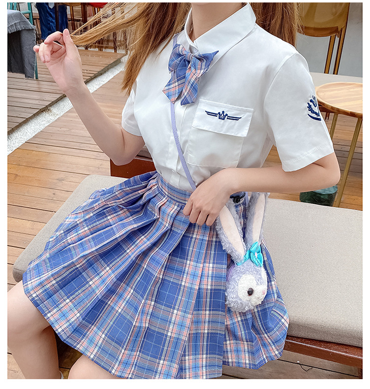 学院风紫烟梗豆物语日系jk制服短袖衬衫格纹短裙百褶裙两件套少女