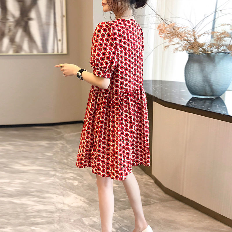 Western Style Youthful-Looking Floral Dress Women's Summer Red New Style Puff Sleeve Graceful Collar-Word Skirt Women's Fashion