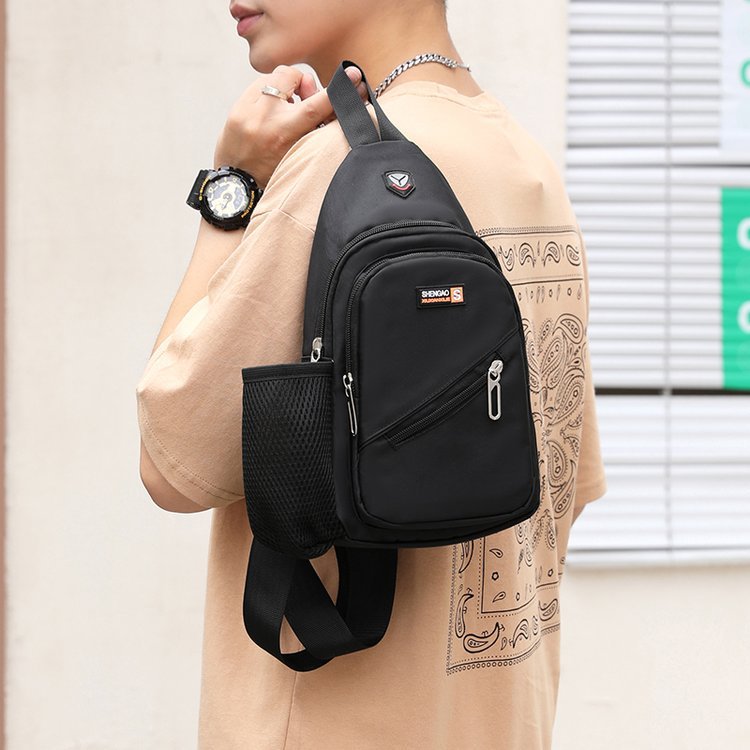 Men's Chest Bag with Water Cup Bag Earphone Hole Business Casual Large Capacity Multi-Layer Multi-Functional Portable Shoulder Messenger Bag