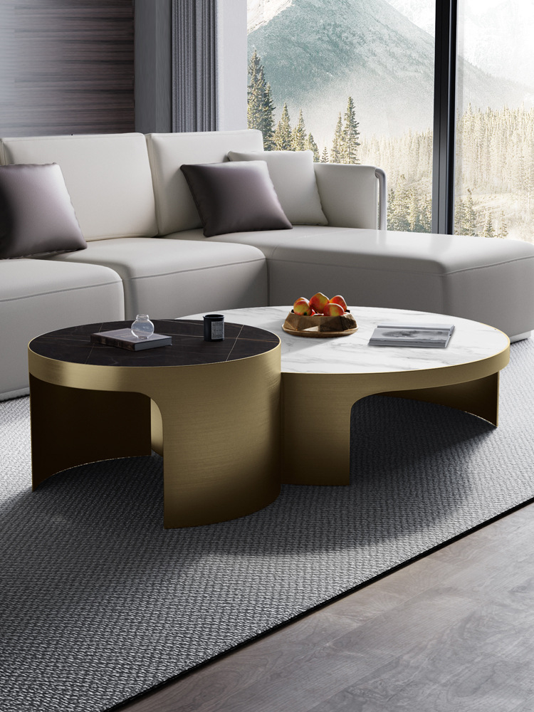 意式岩板茶几电视柜组合轻奢风圆形双层组合后现代简约大理石茶几