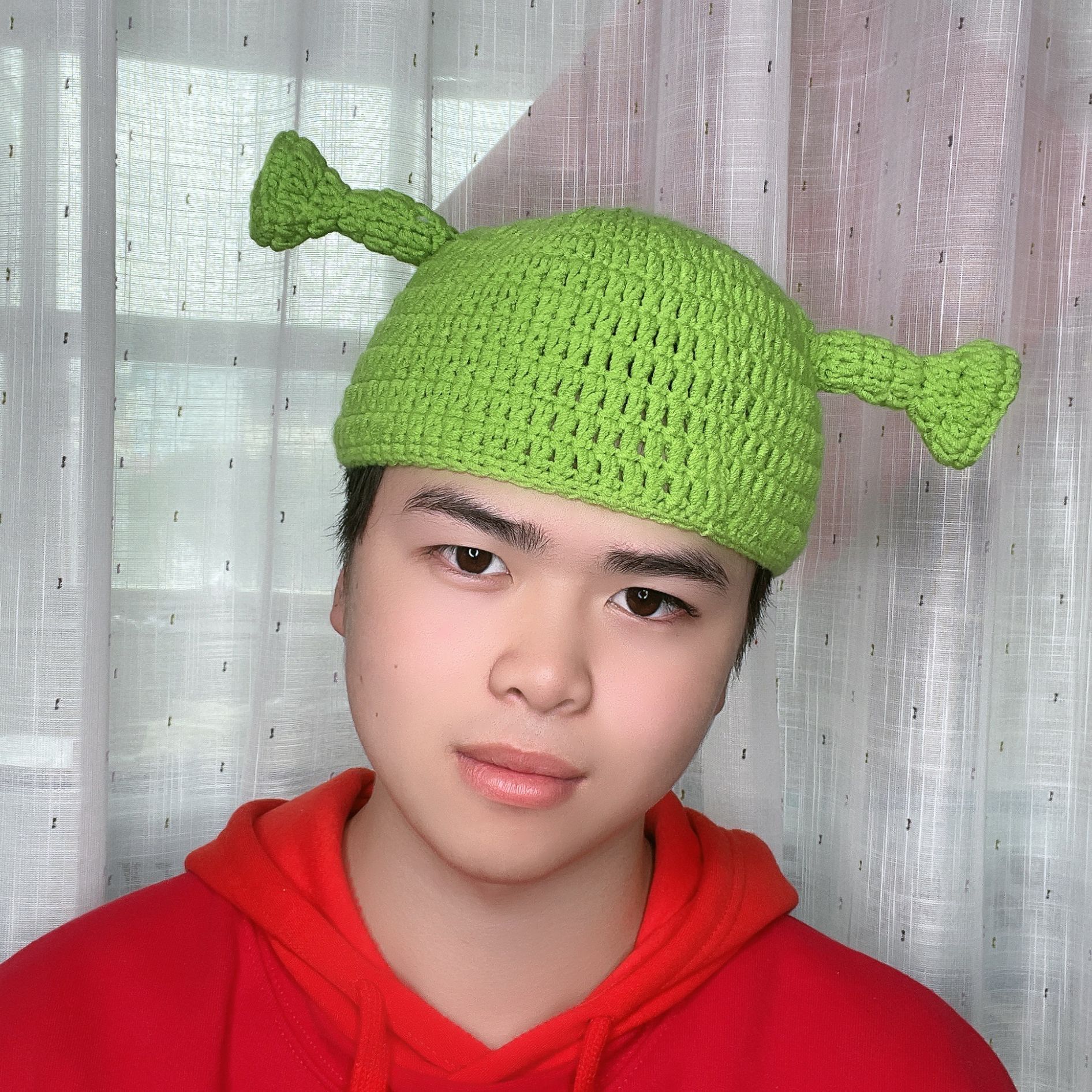 痞幼抖音同款搞怪套头帽手工编织针织毛线绿色卡通男女秋冬帽子