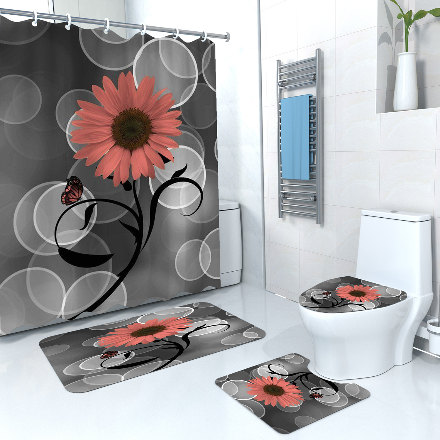 Factory Customized Digital Printing Shower Curtain Simple Flower Polyester Waterproof and Mildew-Proof Partition Curtain Bathroom Four-Piece Set