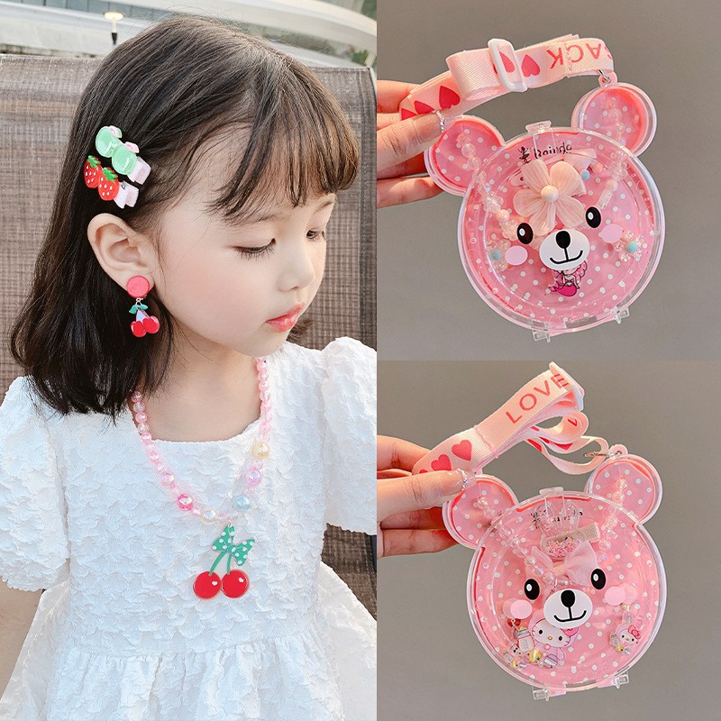 Children's Necklace Bracelet Girls Ring Earring Accessories Princess Crystal String Beads Jewelry Barrettes Hair Rope Suspender Suit