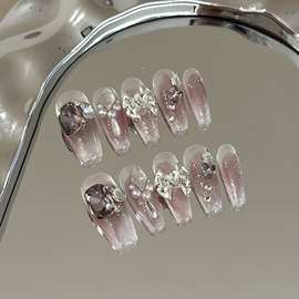 纯手工穿戴甲片高级感紫色晕染显白美甲可拆卸蝴蝶结珍珠轻奢指甲