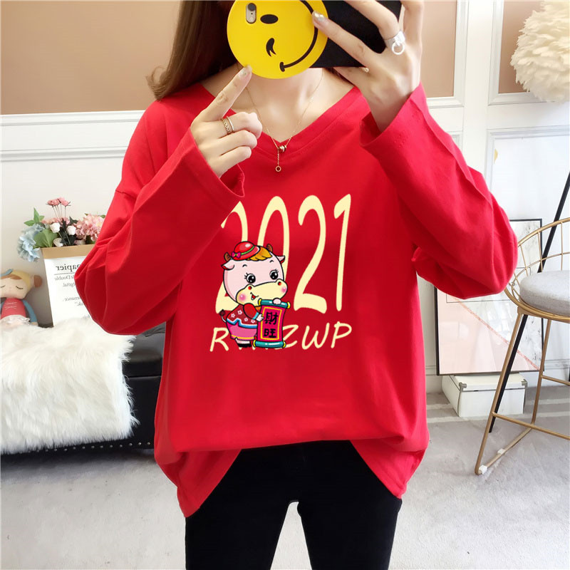 女士长袖t恤体恤宽松上衣服秋衣外穿大红色本命年新年春节牛年潮