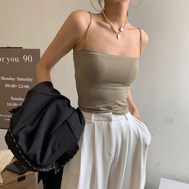 1806 Solid Color Camisole Women's Fixed Chest Pad Outerwear Top Thin Tube Top without Steel Ring Thin Strap Underwear Long