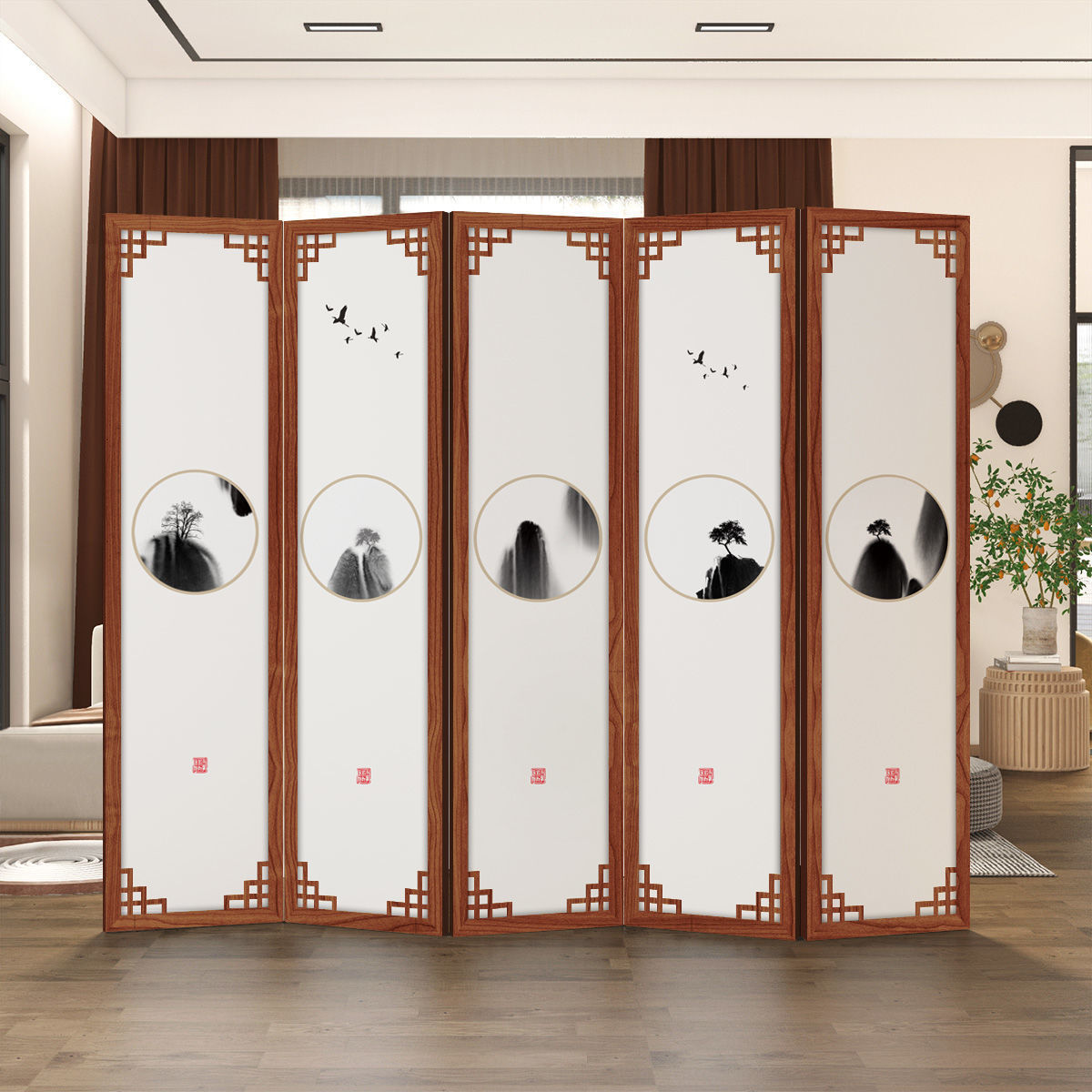 榆木落地屏风