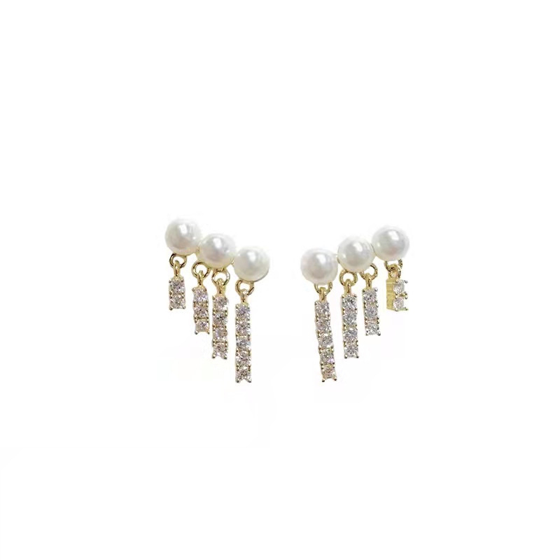 S925 Silver Pearl Stud Earrings Women's Special Interest Light Luxury High-Grade Diamond Four-Row Tassel Simple Super Fairy Earrings Wholesale