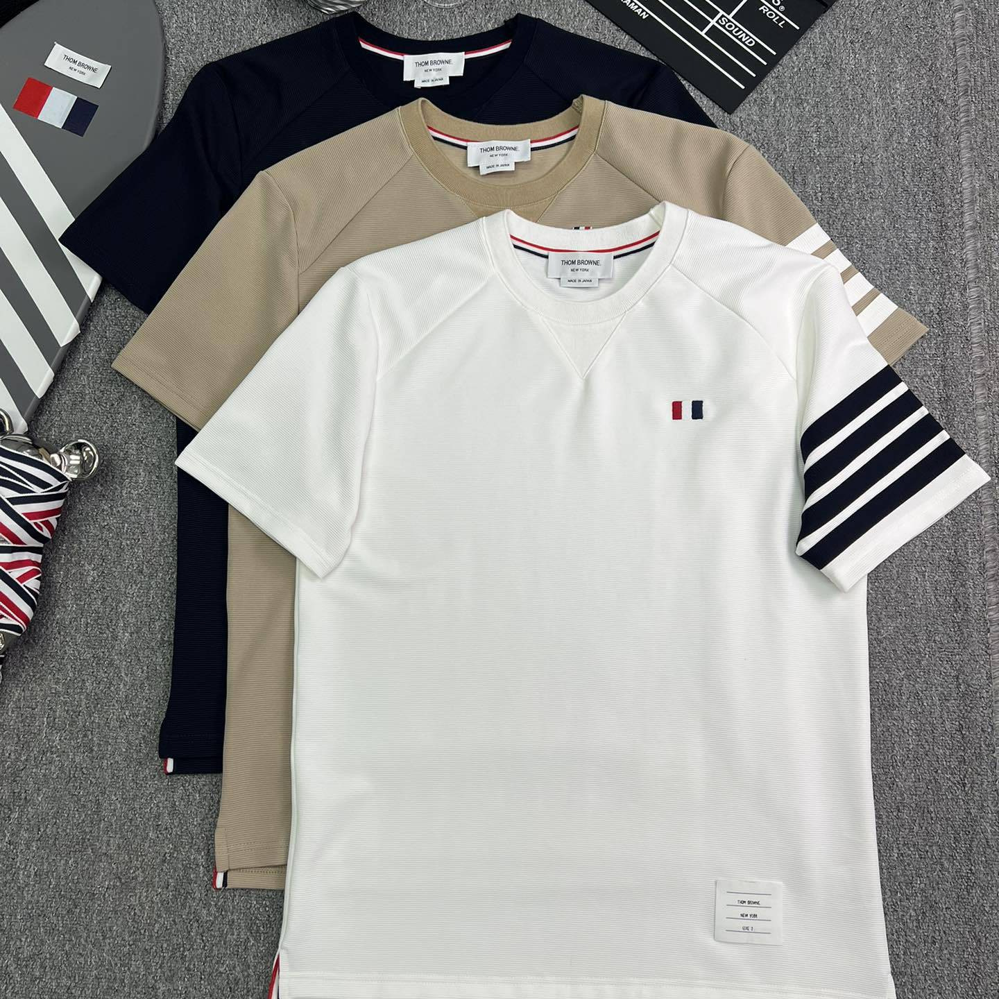 工厂店高品质tb夏季短袖前胸红白蓝织带纹水波纹上衣t恤穿搭时尚