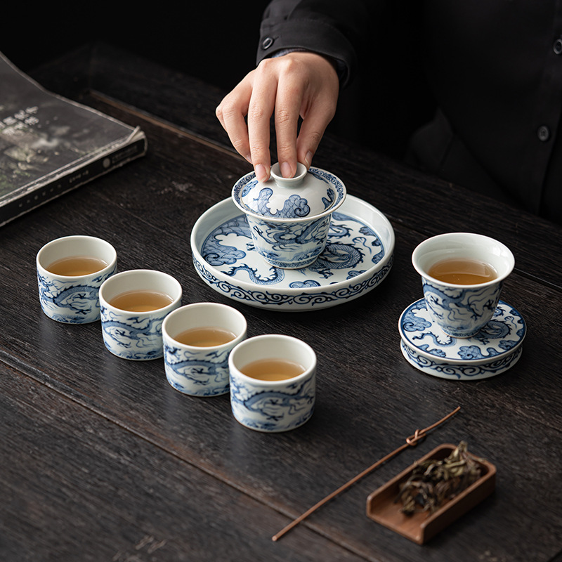 青花龙纹盖碗茶杯套装家用陶瓷客杯茶碗套装礼盒装茶具套-阿里巴巴